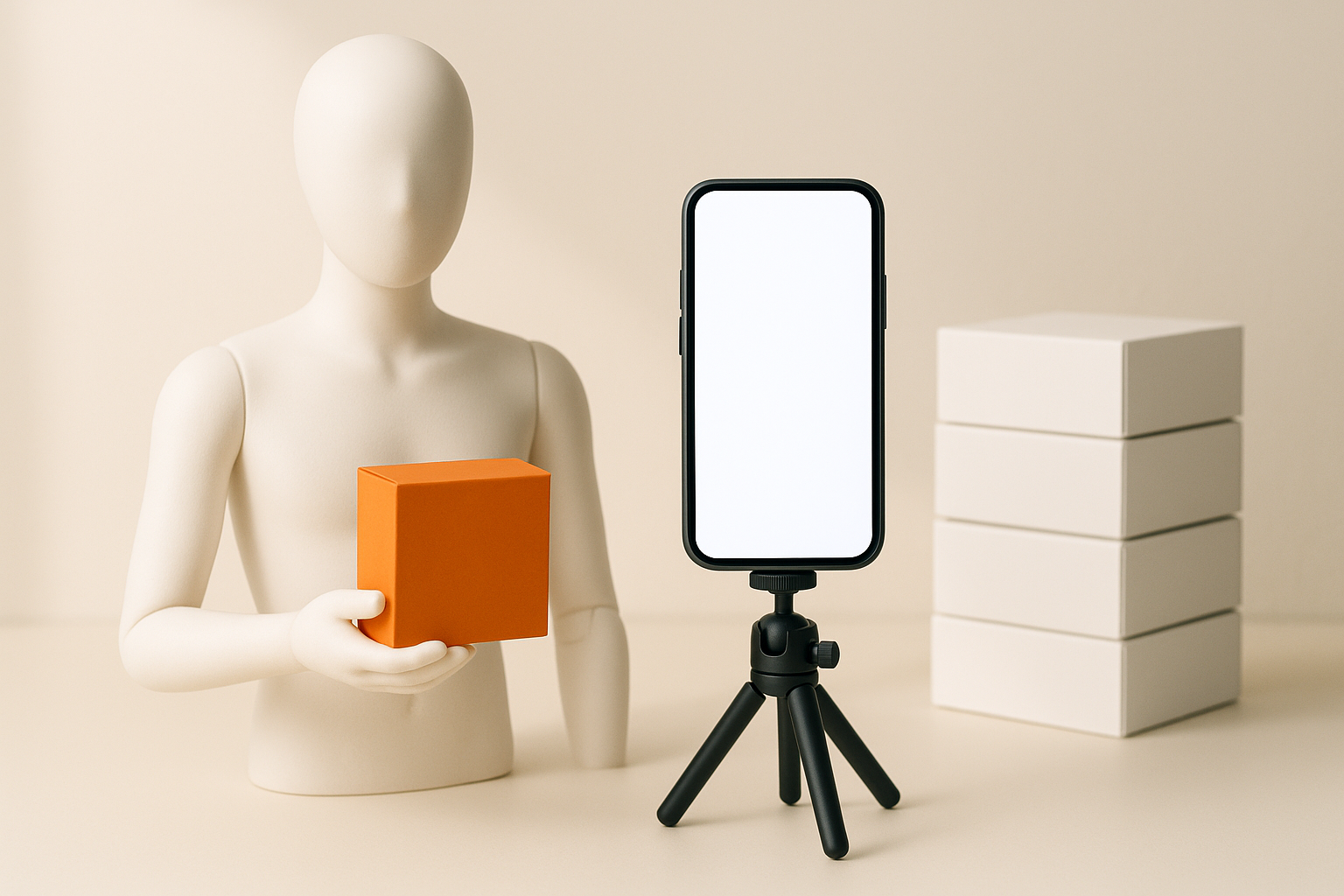 A faceless mannequin holding an orange product box beside a phone on a tripod, a stack of plain boxes waiting behind