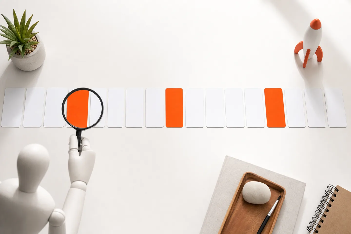 A faceless white mannequin holding a magnifying glass over one orange card in a long row of white vertical cards laid out like a filmstrip on a white table