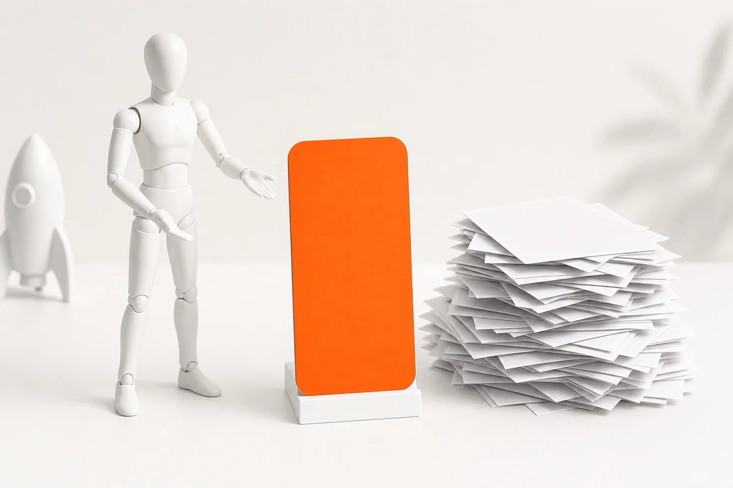 One orange vertical phone-shaped card standing upright next to a large loose pile of white photo prints on a bright surface