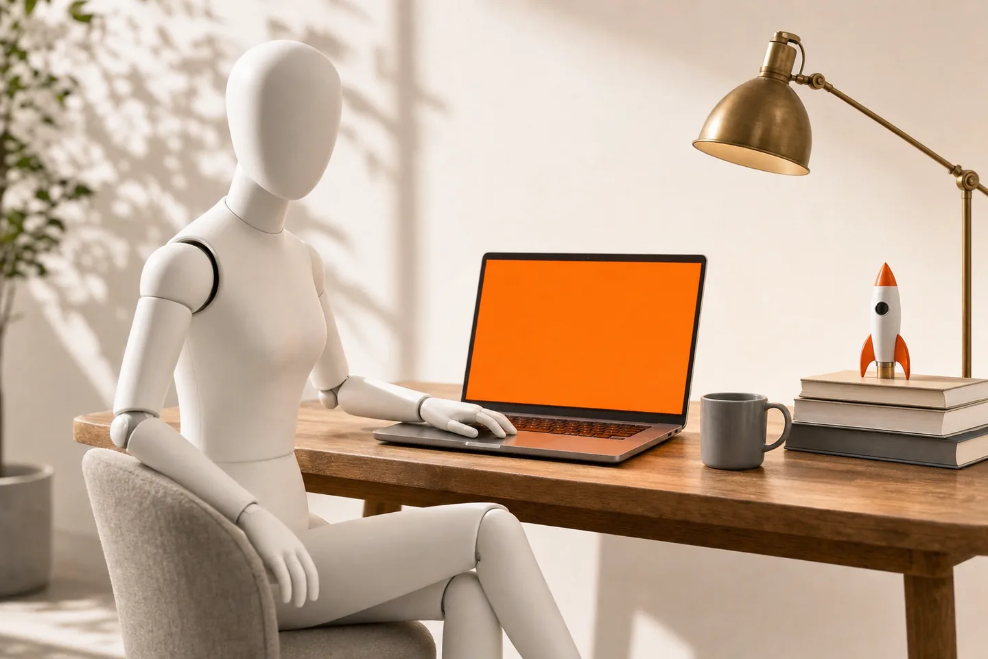 A faceless white mannequin seated at a wooden desk with an open laptop glowing orange, a brass desk lamp, a mug and a stack of books
