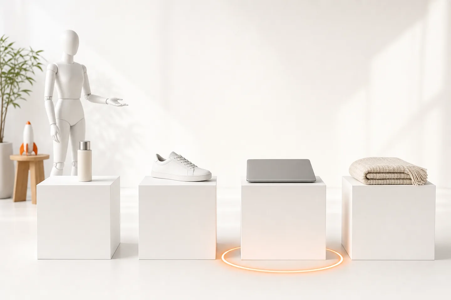 Four white pedestals holding a small bottle, a sneaker, a closed laptop and a folded blanket, with an orange ring of light on the floor under the laptop