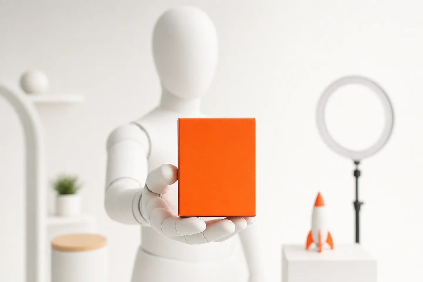 A faceless white mannequin hand holding a small orange product box very close to the viewer, the rest of the studio softly out of focus