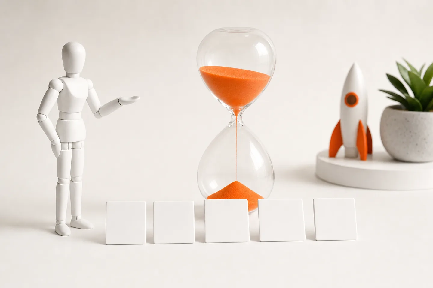 A white hourglass on a bright surface with orange sand running into a small row of white letter-free tiles