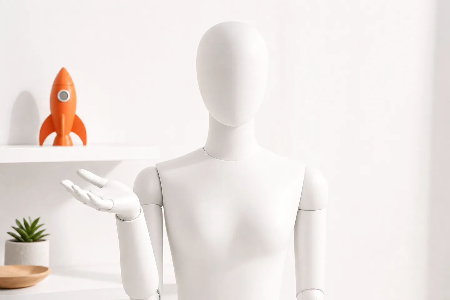 A faceless white mannequin bust facing the viewer with one hand raised in a relaxed open gesture, a small orange rocket on the shelf behind