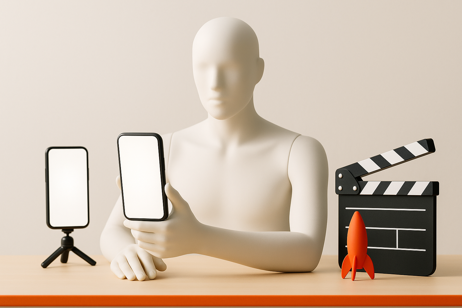 A faceless white mannequin filming itself with a phone on a small bright set with one orange product box