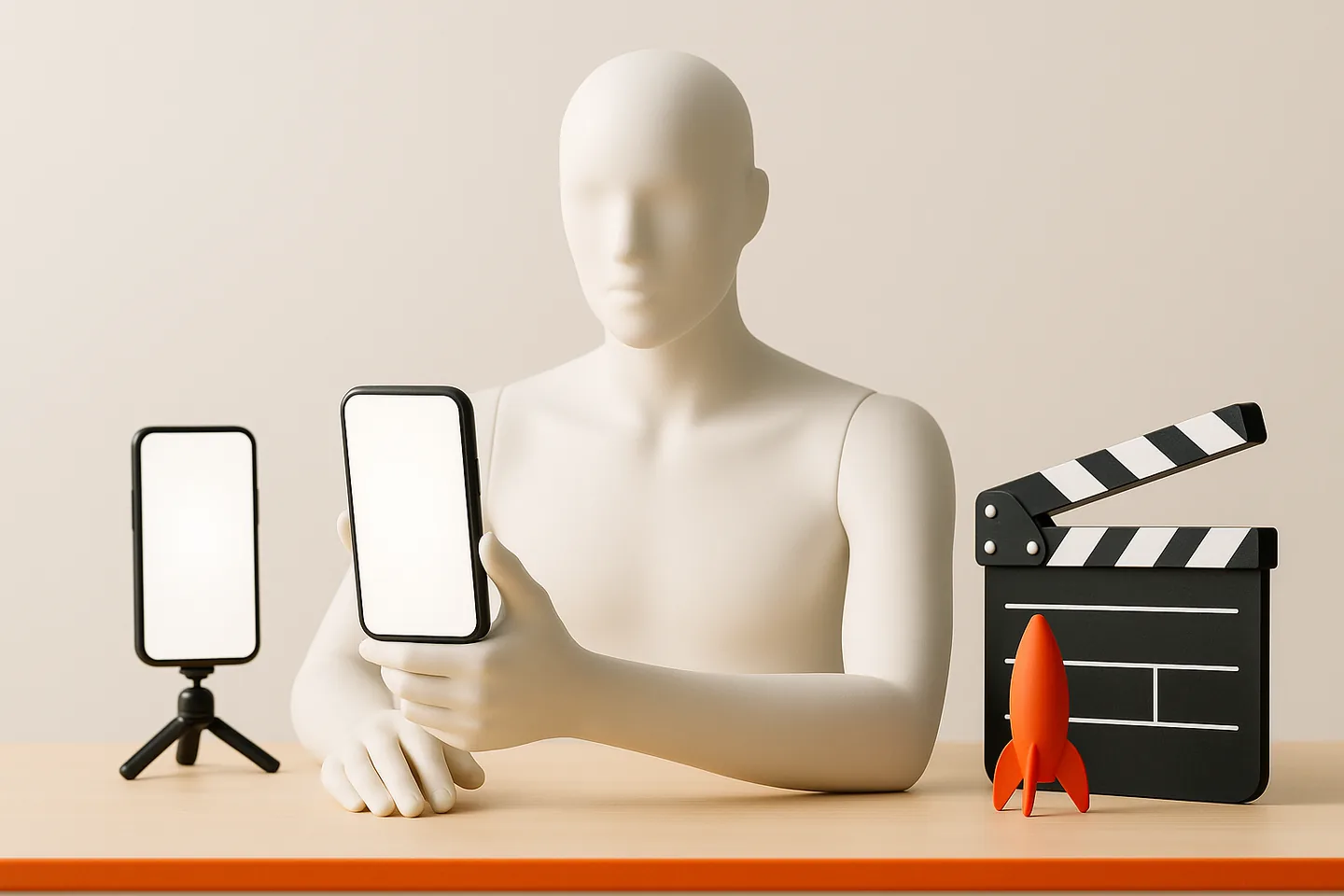 A faceless white mannequin filming itself with a phone on a small bright set with one orange product box