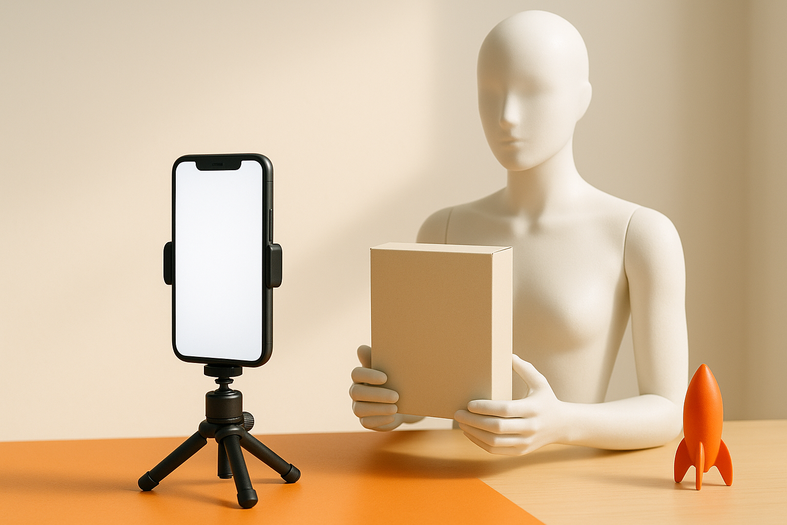 Phone on a tripod filming a mannequin presenting a product box