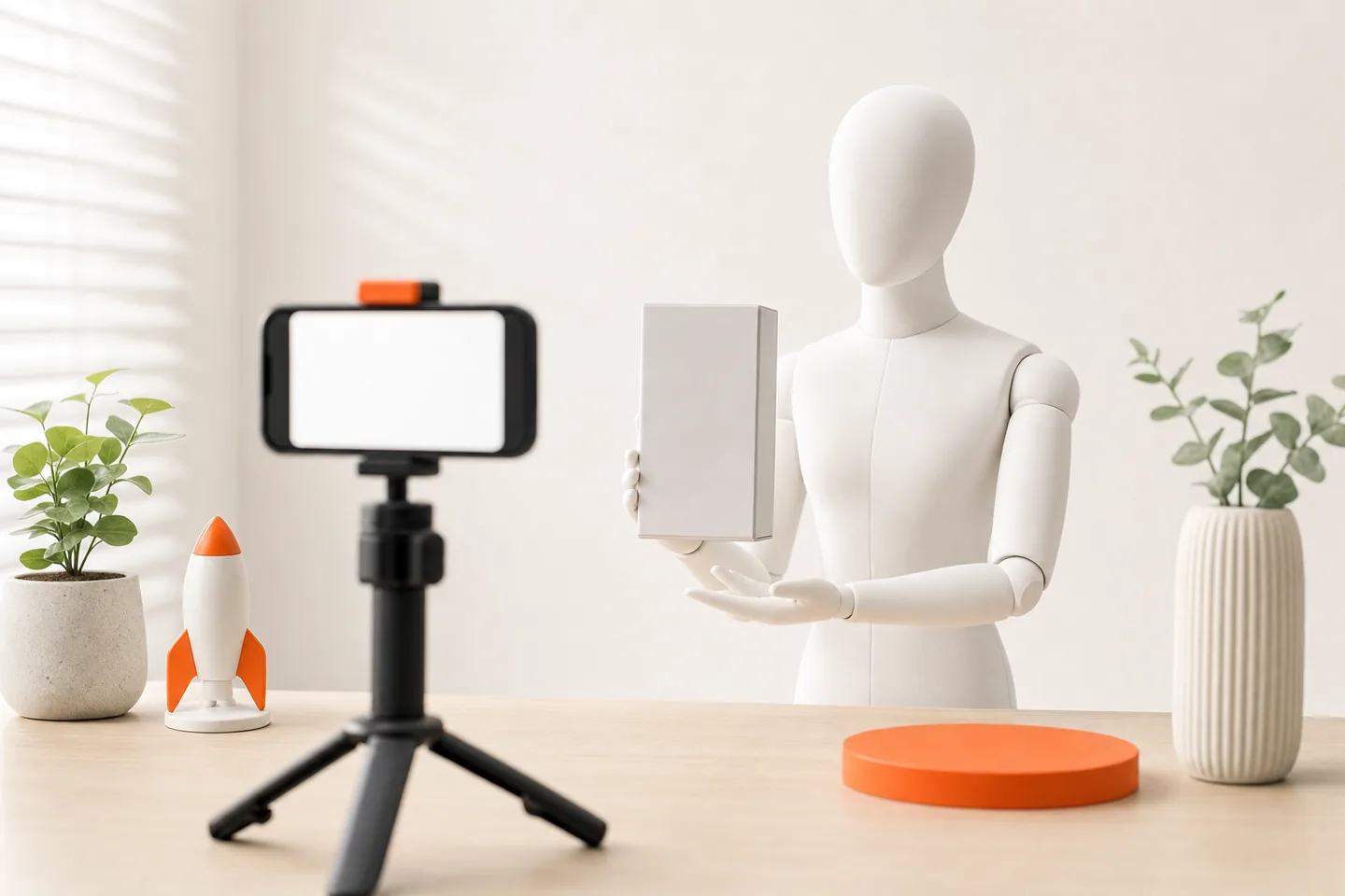Phone on a tripod filming a mannequin presenting a product box