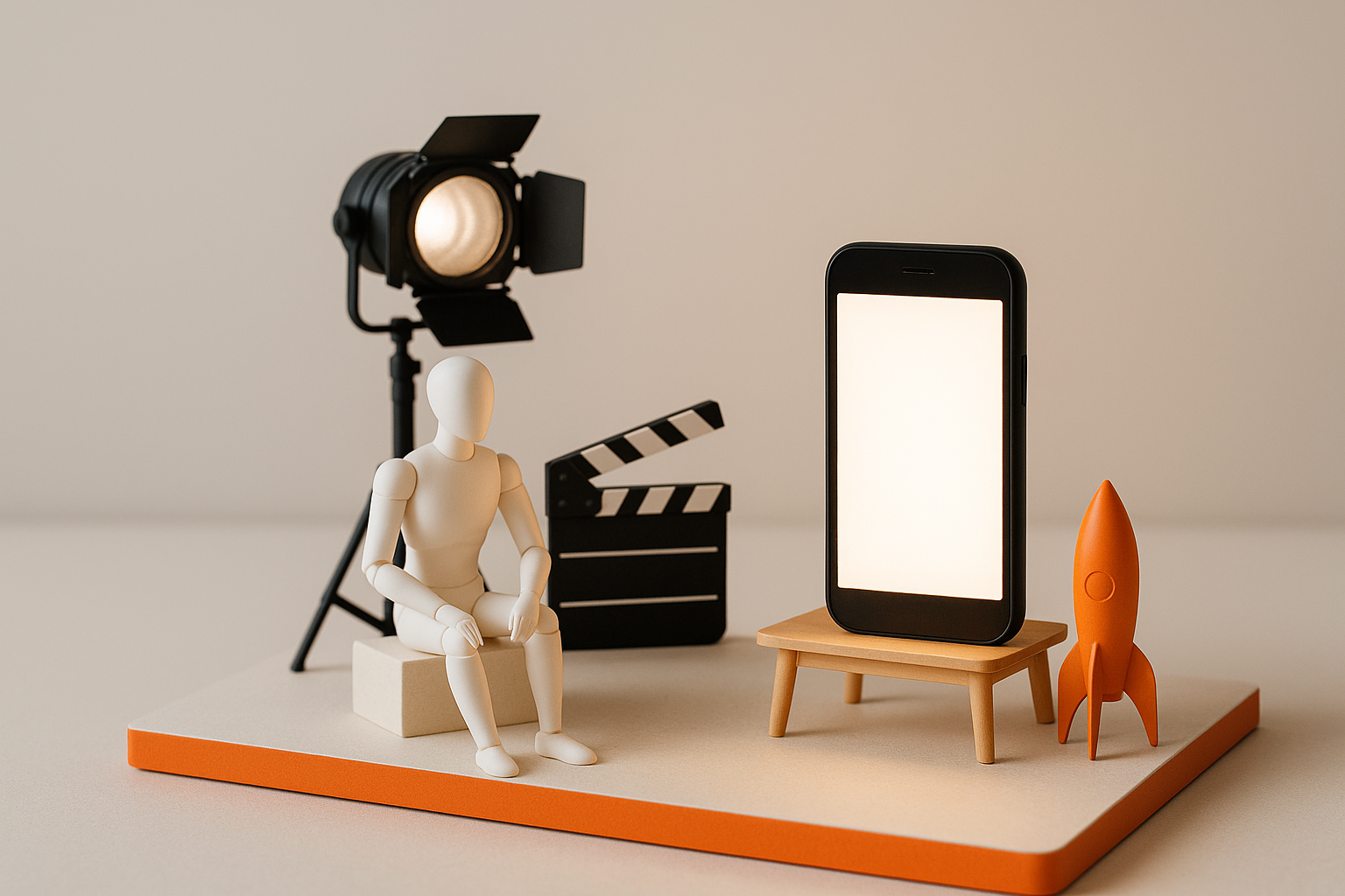 Two miniature film sets side by side, the simple phone setup standing in front of the polished studio rig