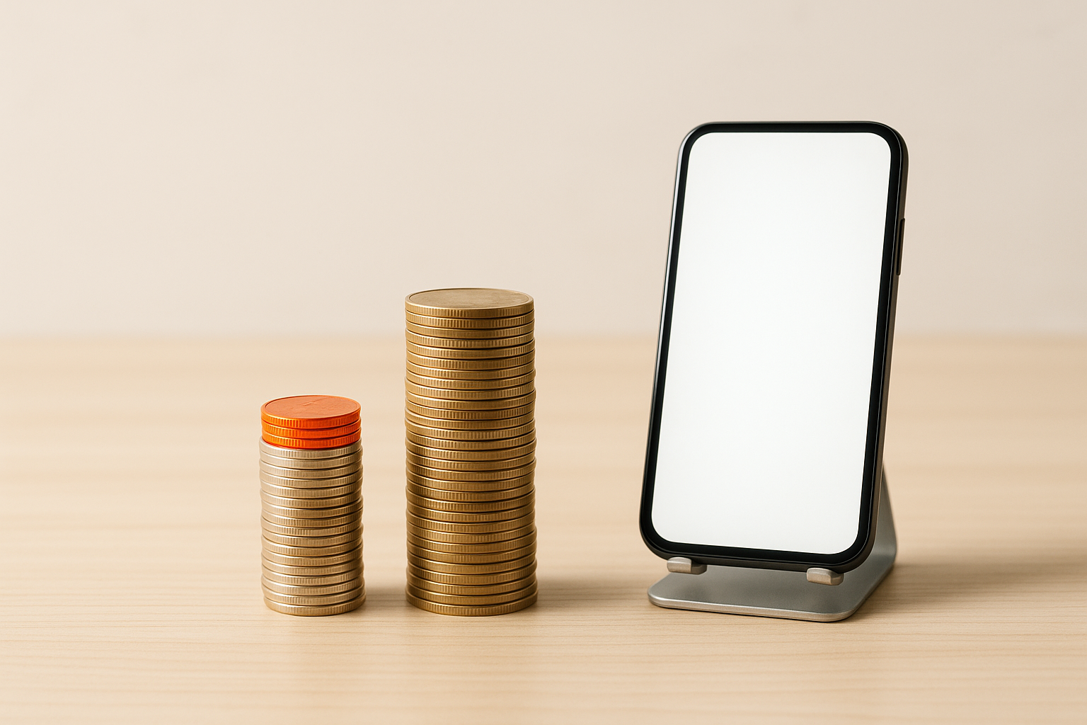 Tall and short coin stacks next to a phone on a desk stand