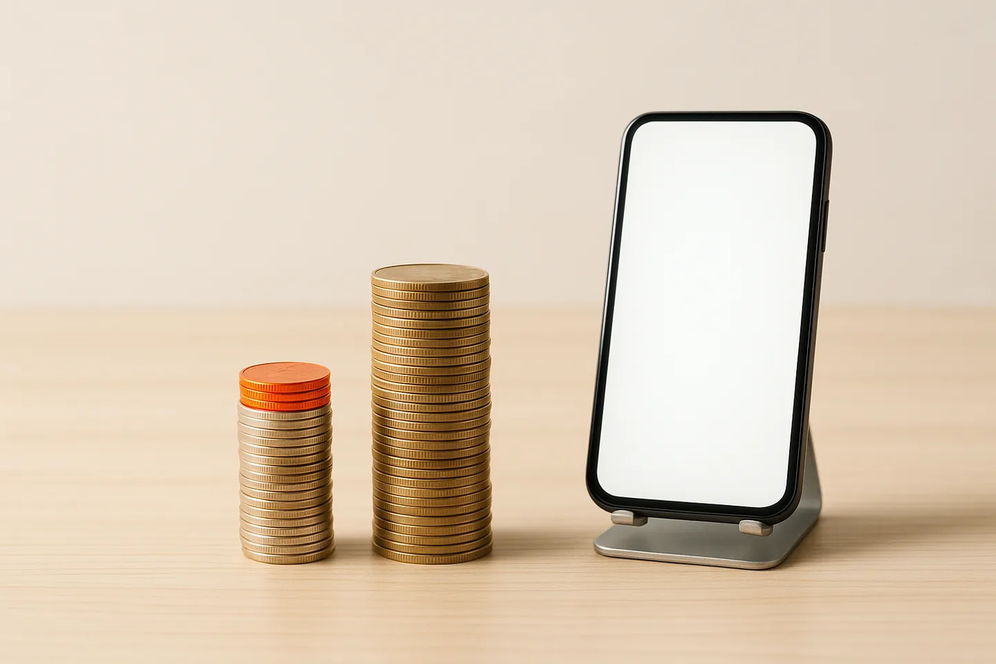 Tall and short coin stacks next to a phone on a desk stand