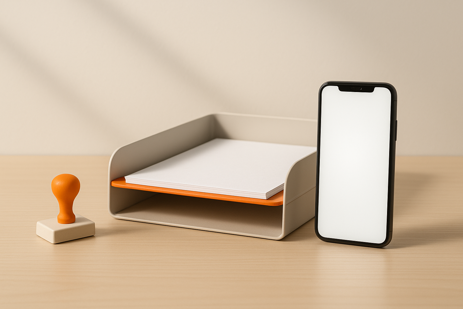 An orderly desk with a stamp, a paper tray and a phone with a blank screen