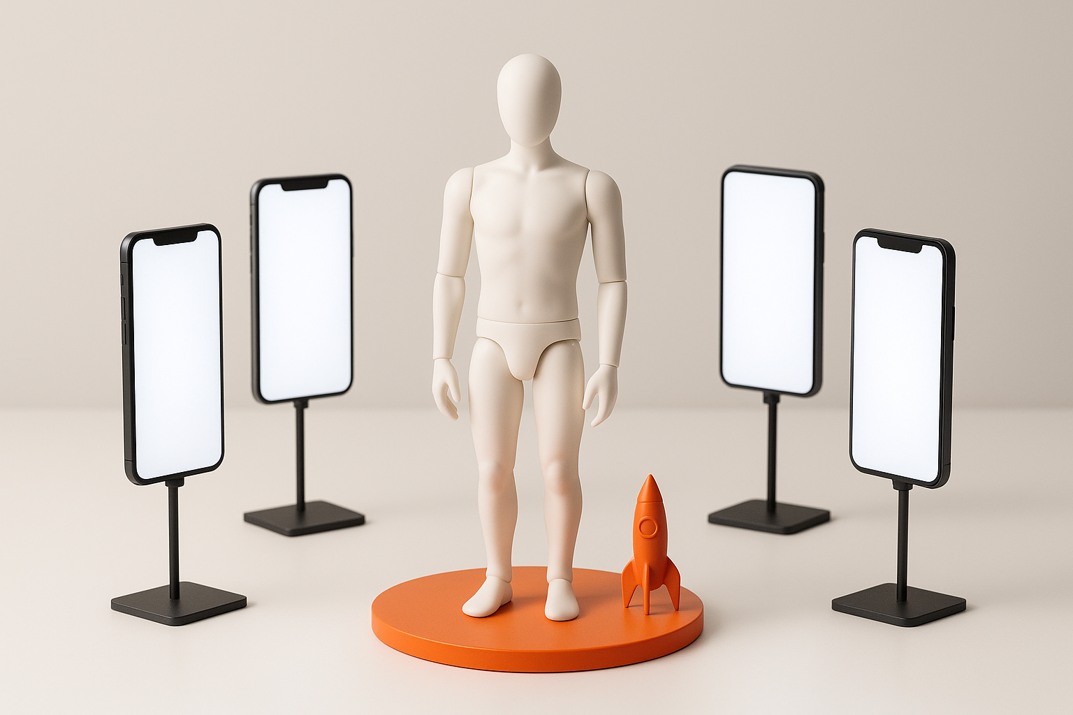 Mannequin on a small platform surrounded by several phones on stands, with a small orange rocket model
