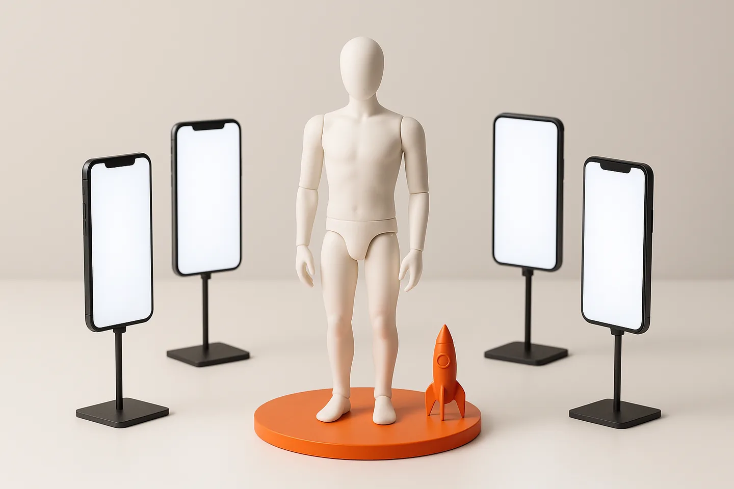 Mannequin on a small platform surrounded by several phones on stands, with a small orange rocket model