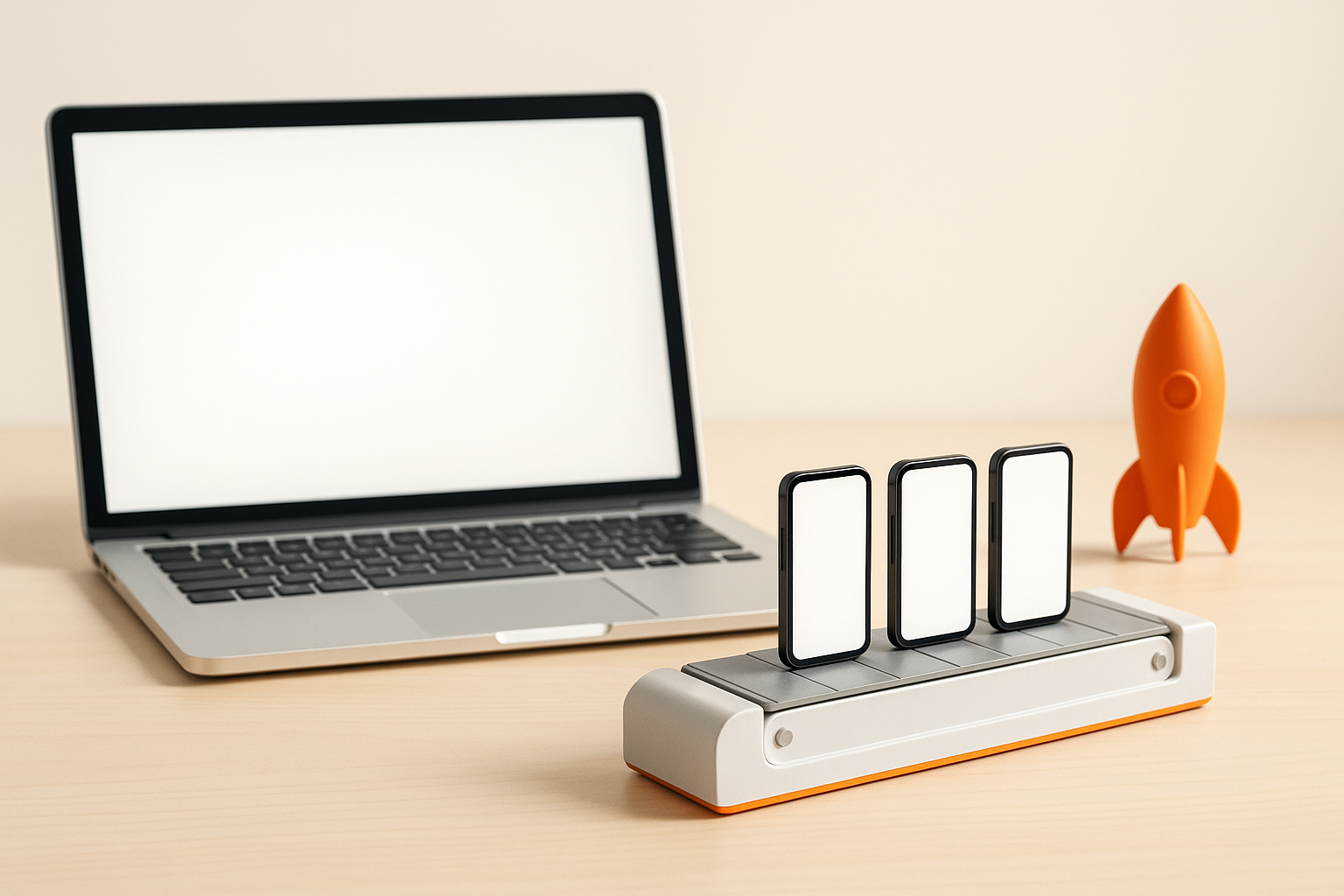 Laptop with a blank glowing screen beside a row of three small phone screens on a bright desk
