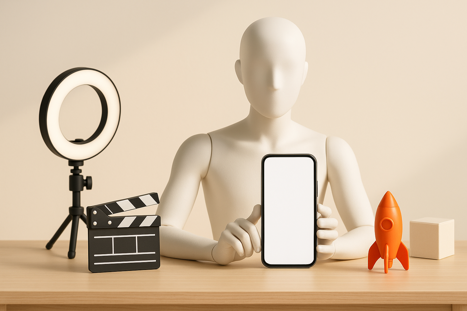Faceless mannequin holding up a phone beside a ring light, a clapperboard and a small orange toy rocket