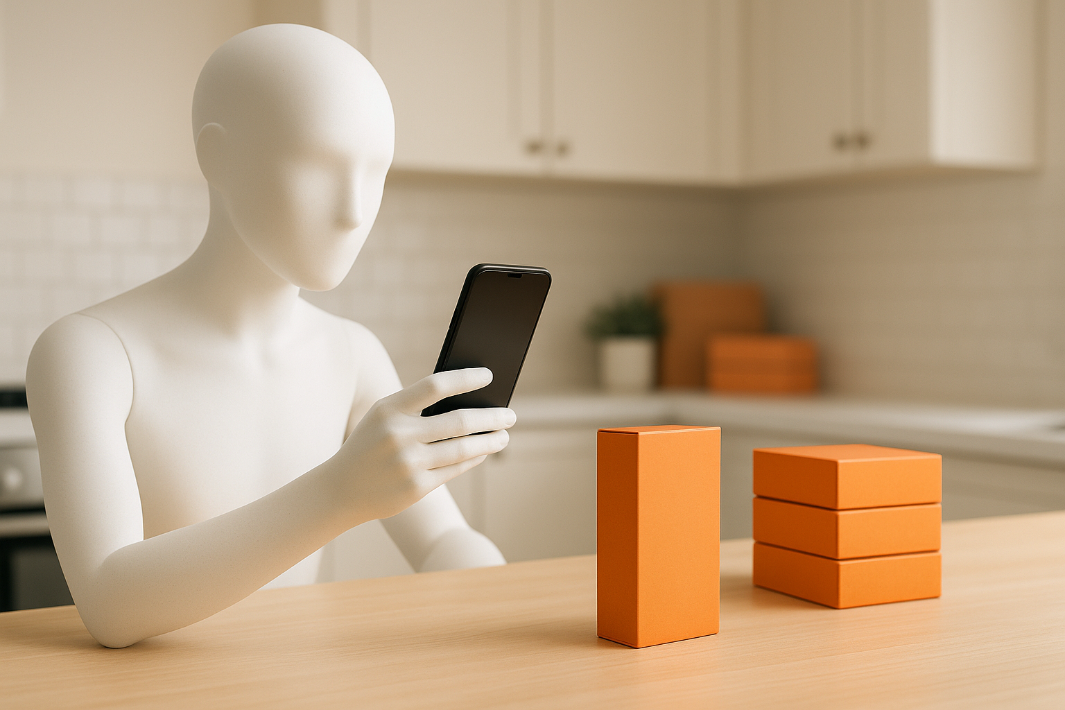 Faceless mannequin looking at a phone across a bright kitchen counter holding one upright and three stacked orange boxes