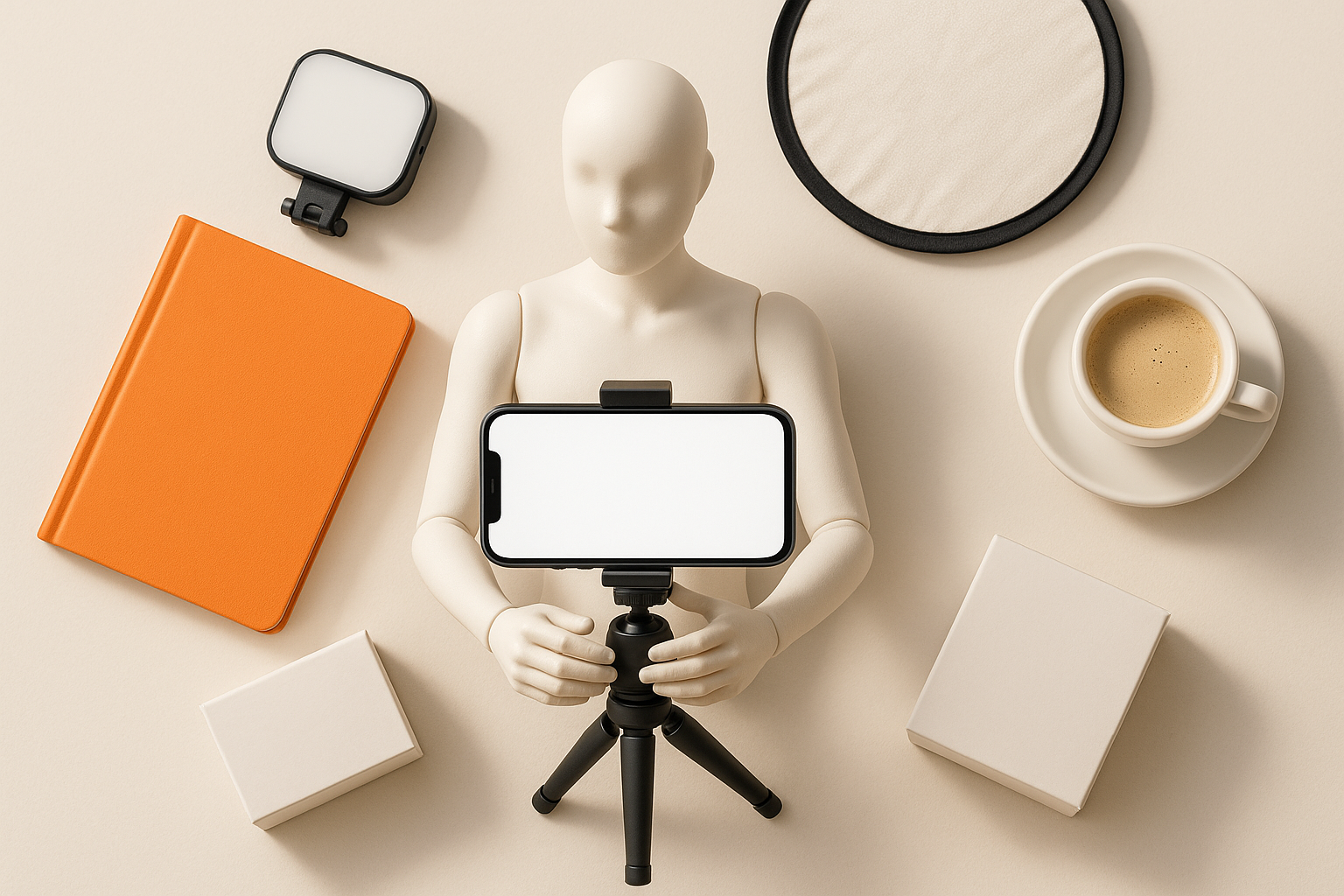 Overhead flat lay of a faceless mannequin holding a phone on a mini tripod, ringed by a clip light, reflector, orange notebook, product boxes and a coffee cup