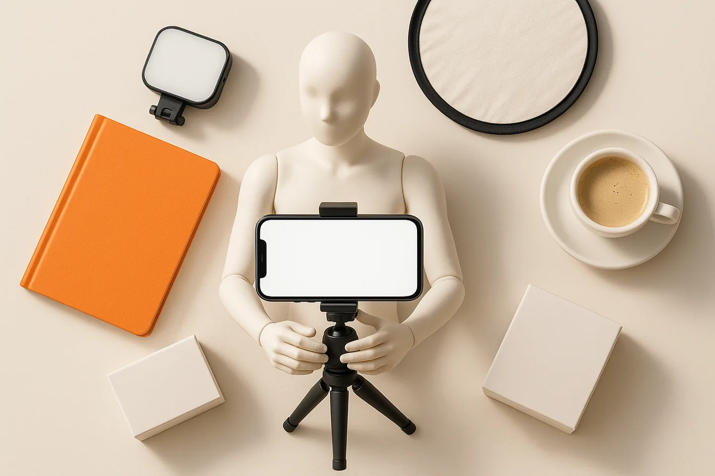 Overhead flat lay of a faceless mannequin holding a phone on a mini tripod, ringed by a clip light, reflector, orange notebook, product boxes and a coffee cup