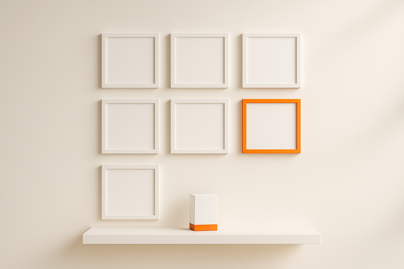 Grid of blank framed prints on a bright wall with a single orange frame among them and a small product box on the shelf below