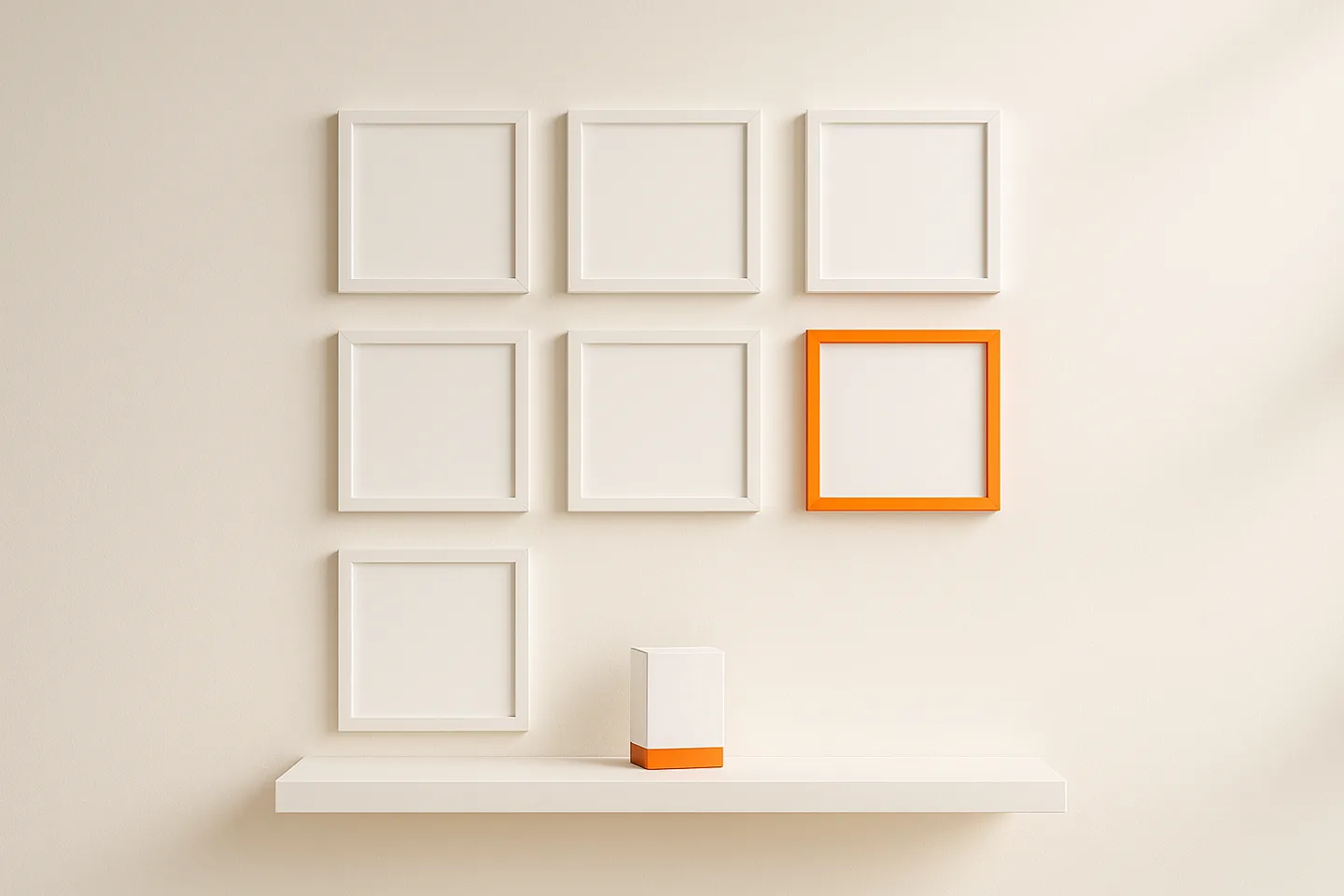 Grid of blank framed prints on a bright wall with a single orange frame among them and a small product box on the shelf below