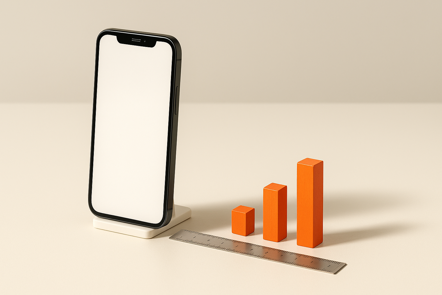 Upright phone in portrait orientation beside a metal ruler with three orange blocks of different lengths lined up