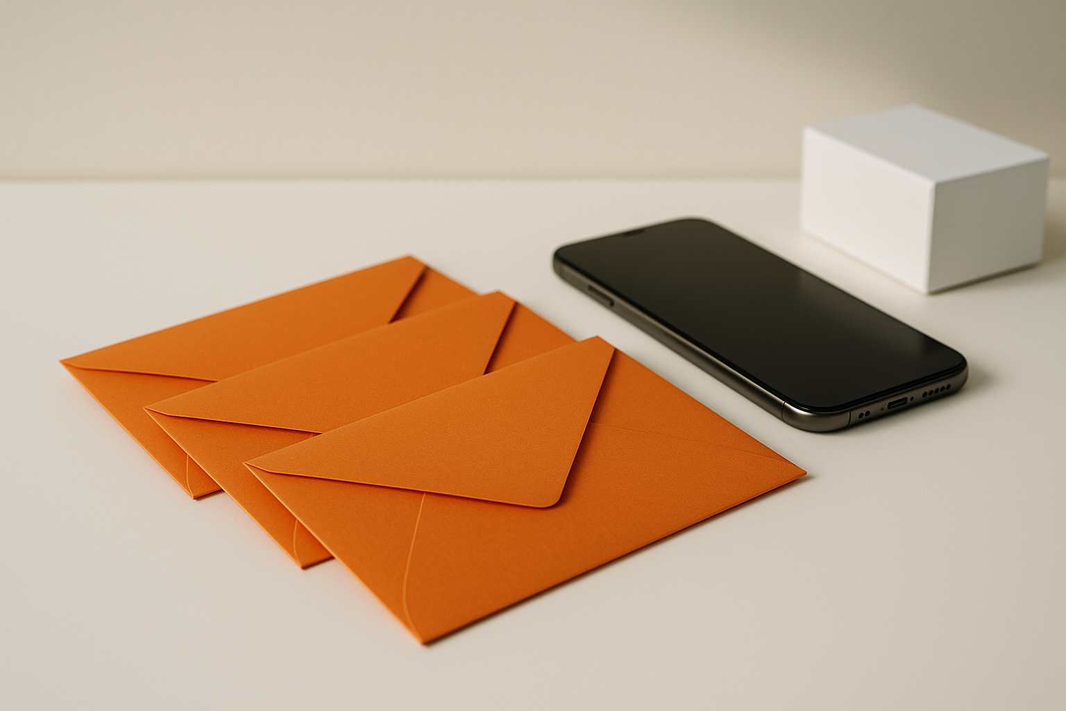 Three orange envelopes fanned out on a bright counter beside a phone and a plain white product box