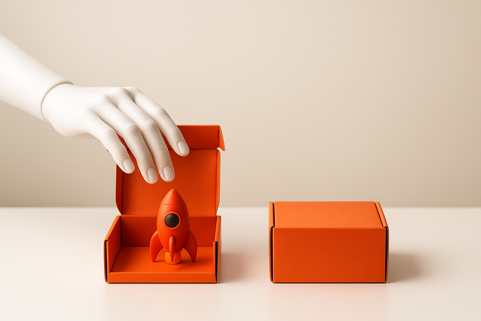 A faceless mannequin hand opening an orange box with a small rocket inside, next to an identical box still closed