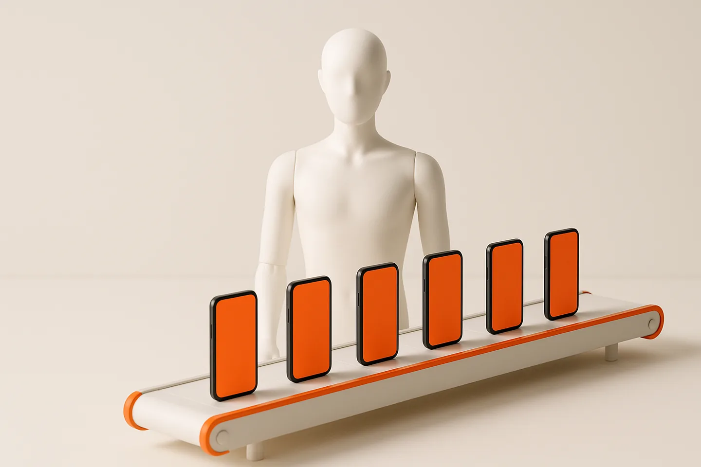 A faceless white mannequin standing beside a conveyor belt carrying identical orange phone screens out of frame