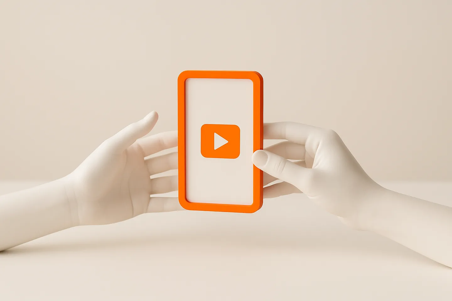 Two faceless white mannequin hands holding one orange video frame with a play symbol between them on a bright white surface