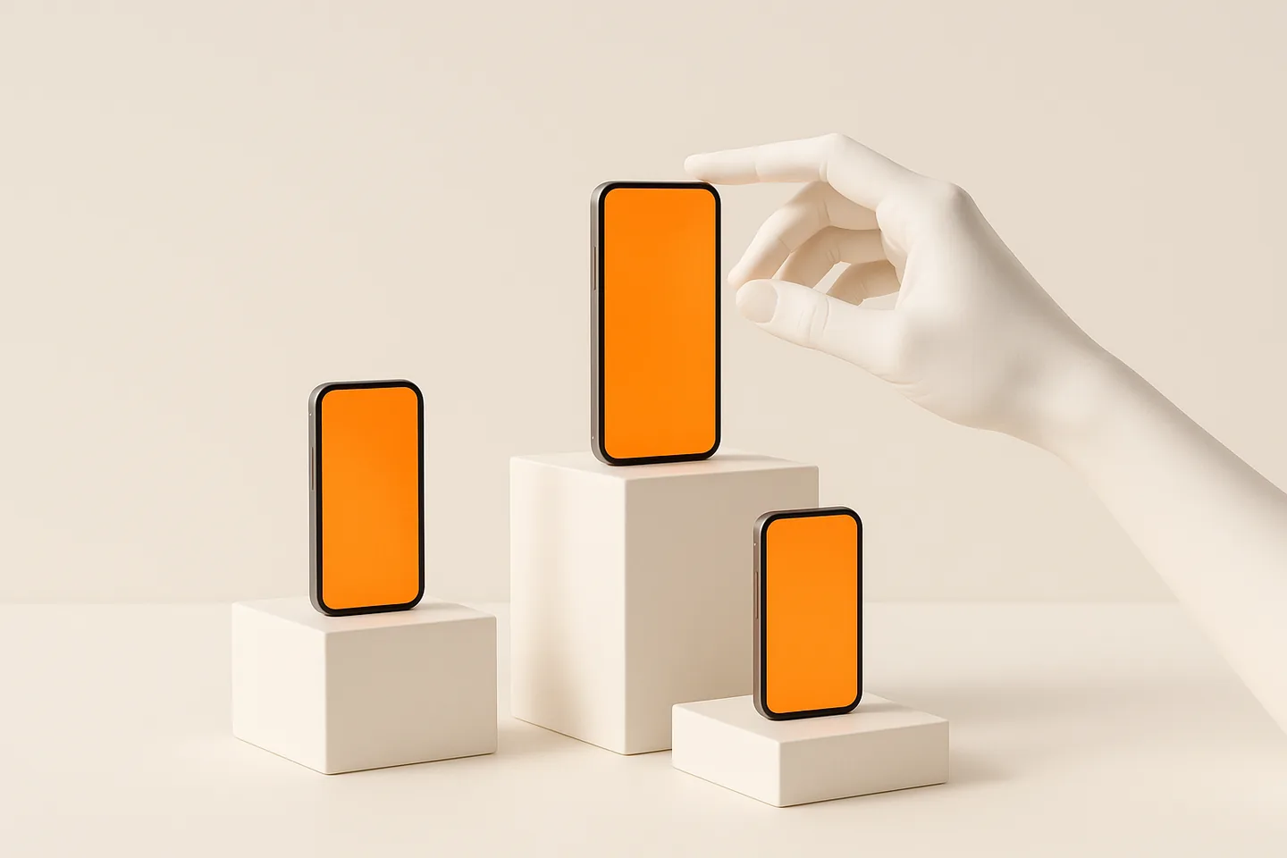 Three white pedestals of different heights, each holding one orange vertical screen, in a bright studio