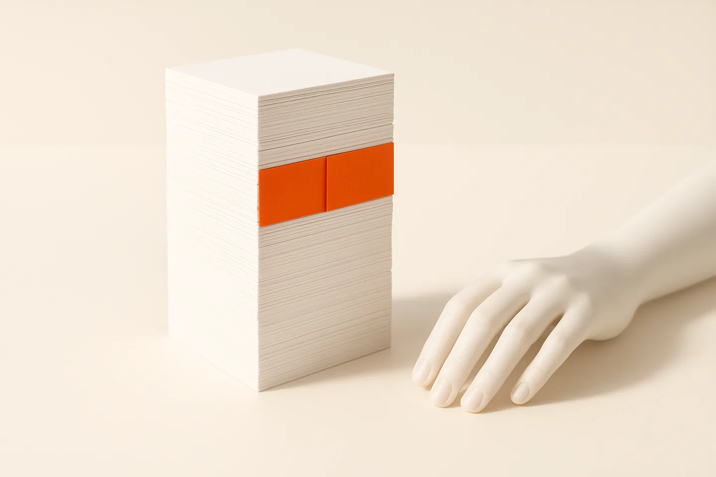 A tall stack of white cards on a bright surface with two orange cards pulled out near the top
