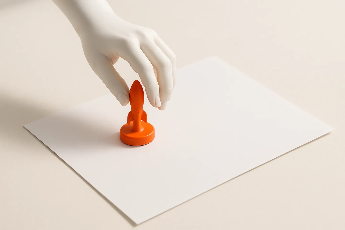 A faceless white mannequin hand pressing an orange rocket-shaped stamp onto a blank white sheet on a bright surface