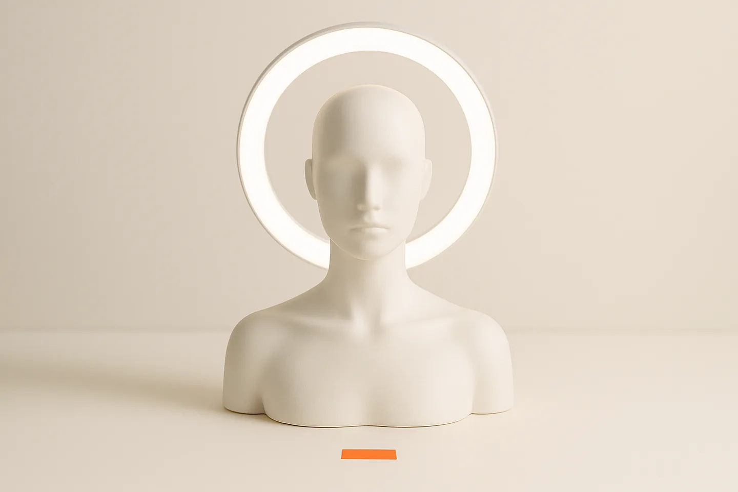 A faceless white mannequin bust lit by a ring light on a bright studio surface with an orange marker on the floor