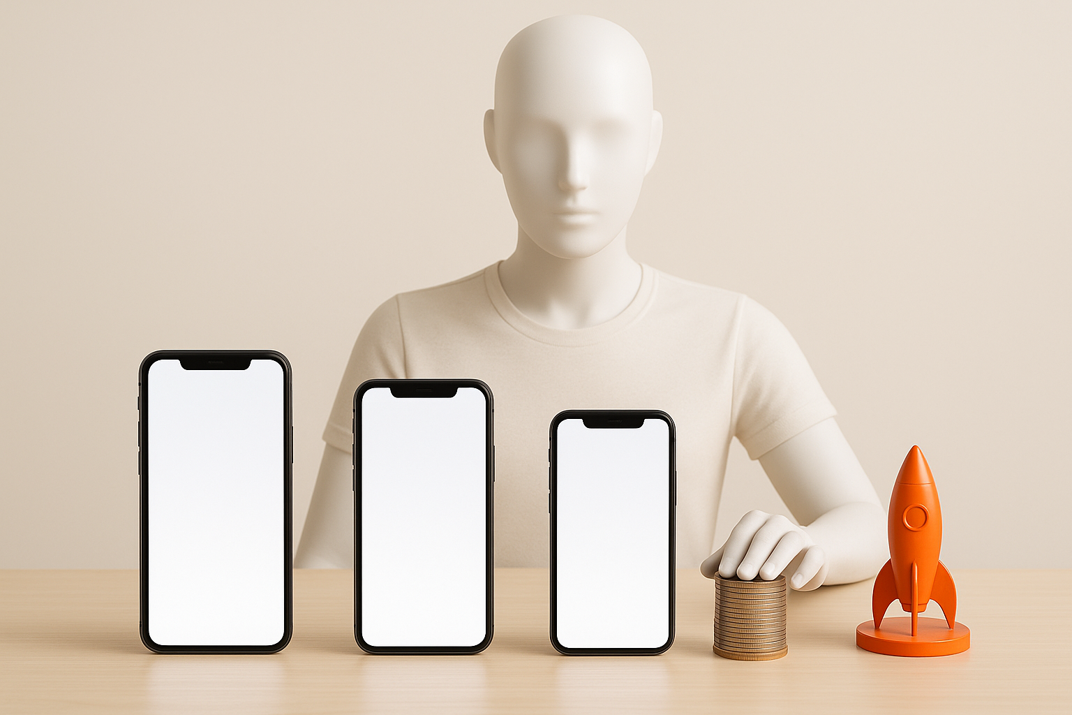 A faceless white mannequin behind three phones of different sizes, a stack of coins and a small orange rocket on a bright table