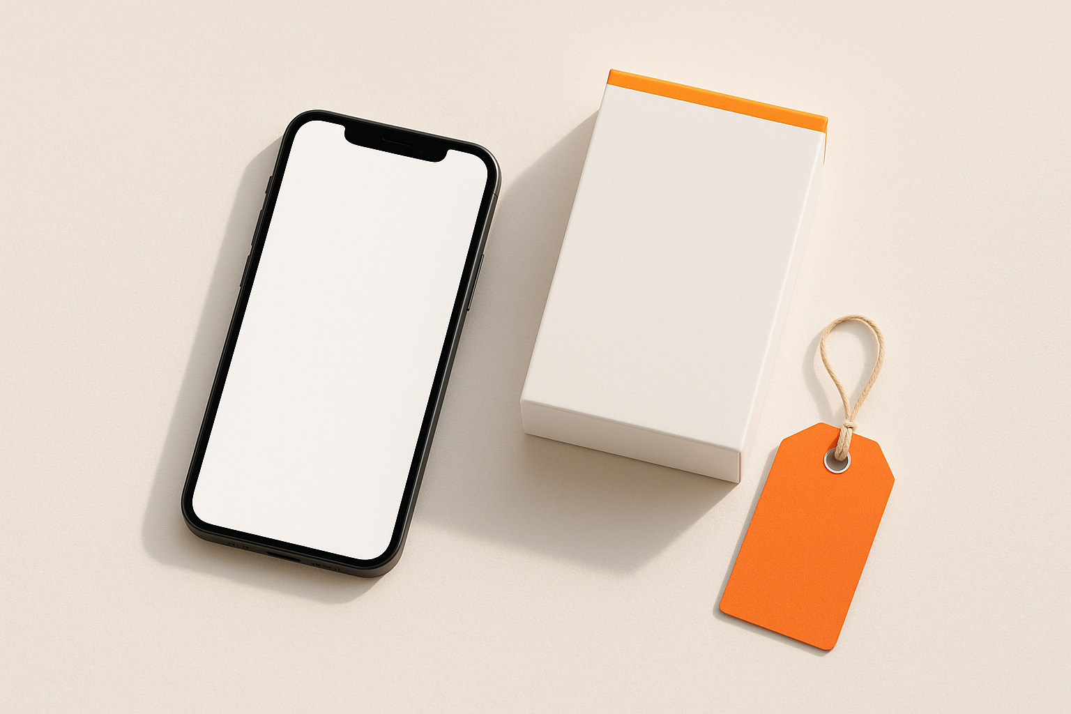 Phone, plain product box and a blank price tag on a bright table
