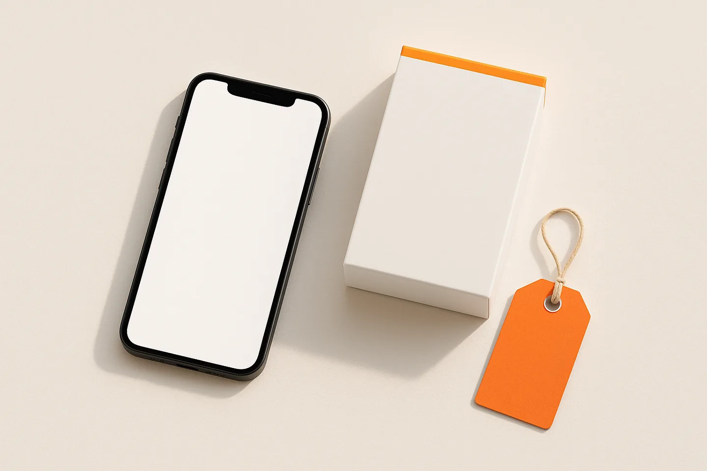 Phone, plain product box and a blank price tag on a bright table