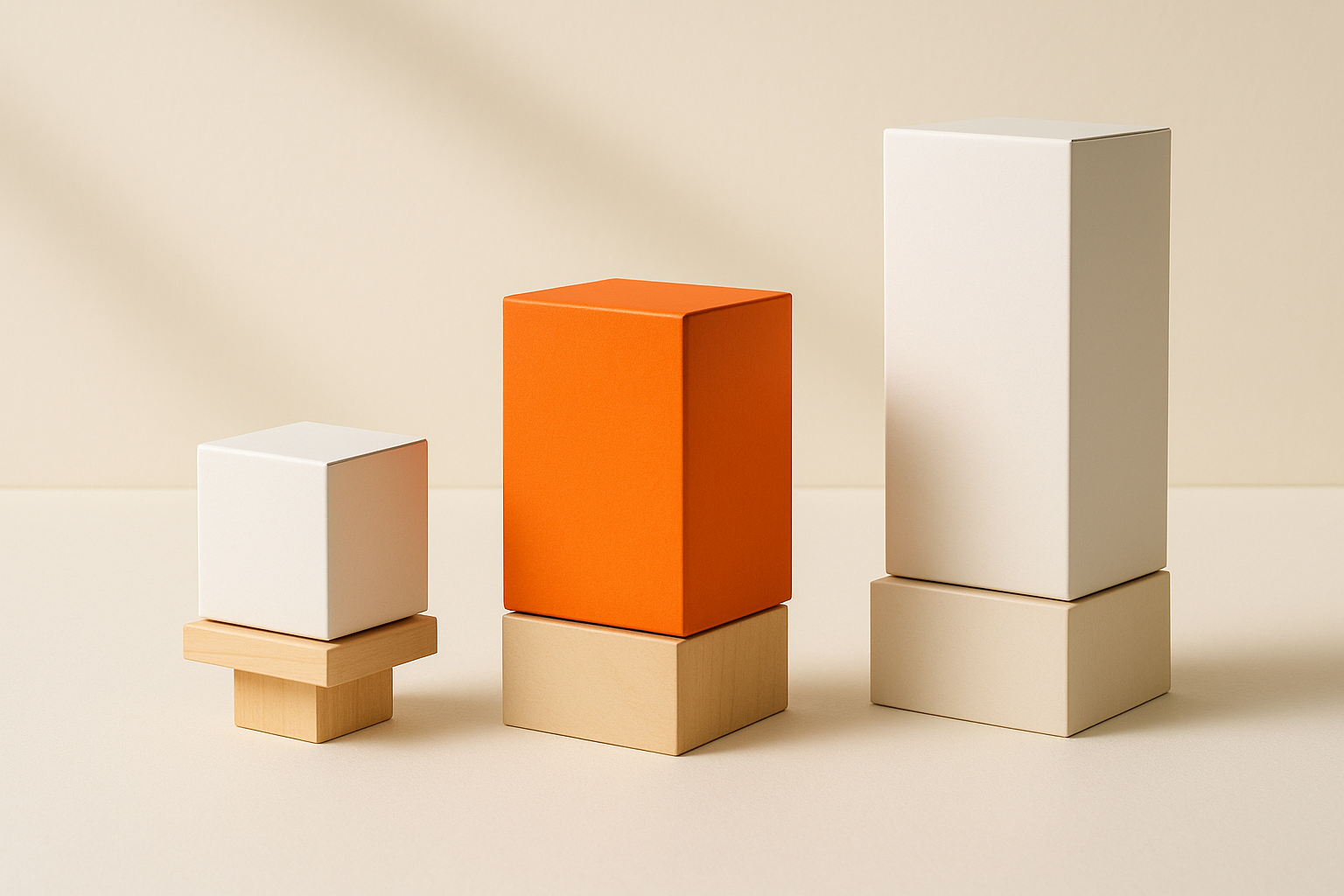 Three product boxes of different sizes on wooden blocks, the middle one orange