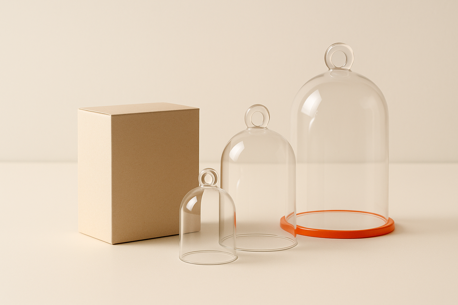 A product box beside three glass covers of increasing size on a bright surface