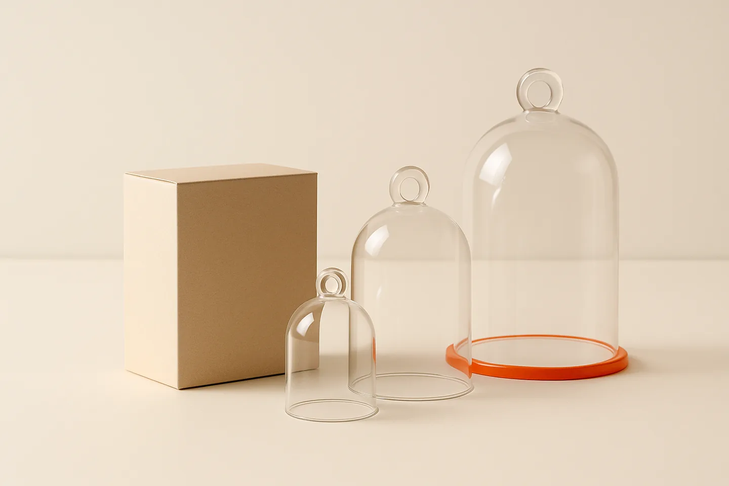 A product box beside three glass covers of increasing size on a bright surface