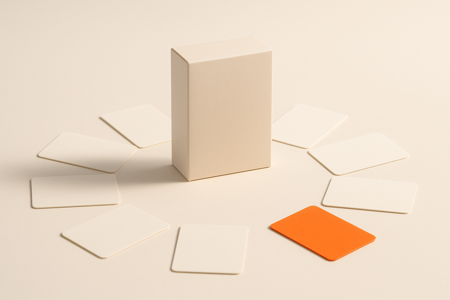 One product box surrounded by a ring of blank cards, one of them orange