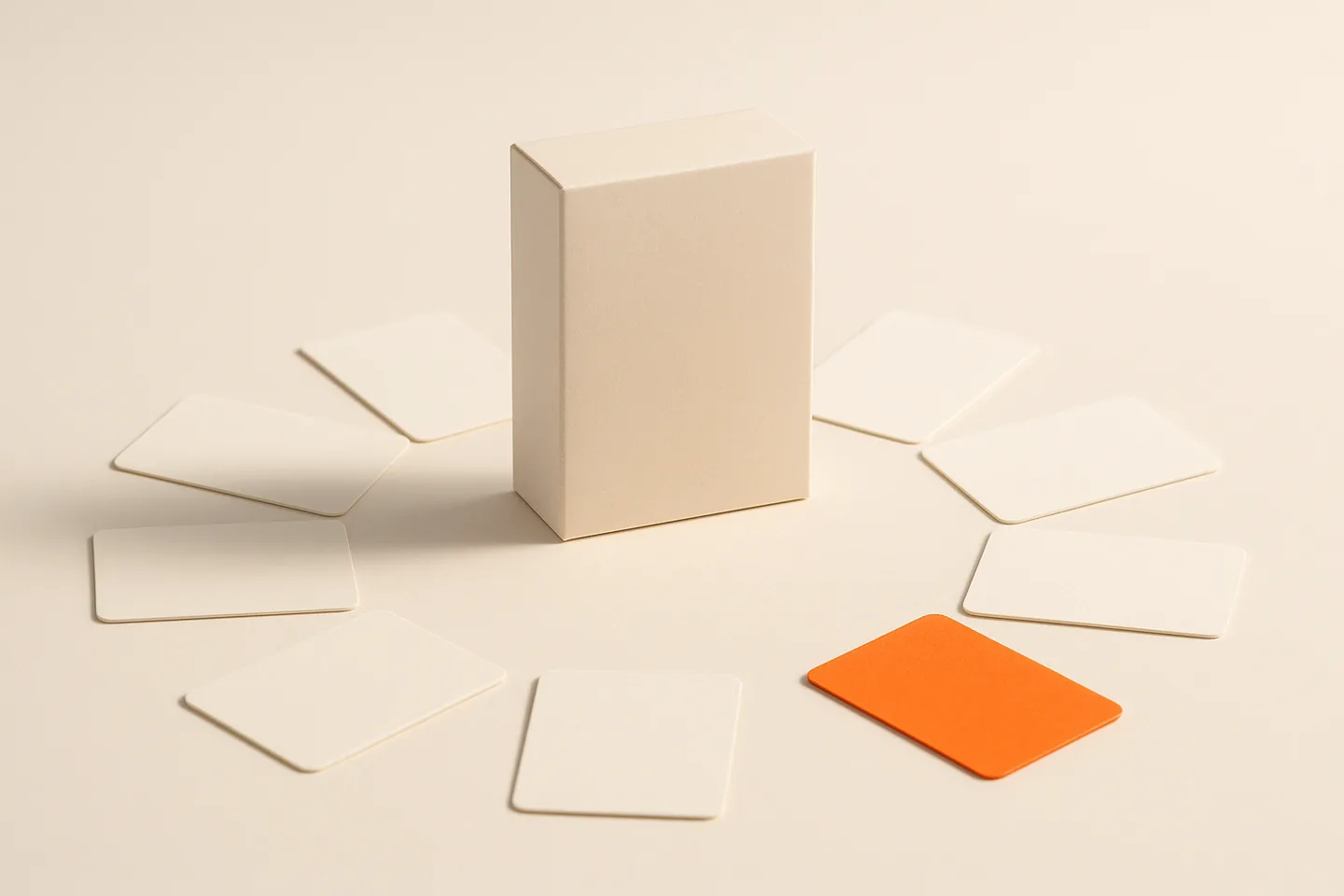 One product box surrounded by a ring of blank cards, one of them orange
