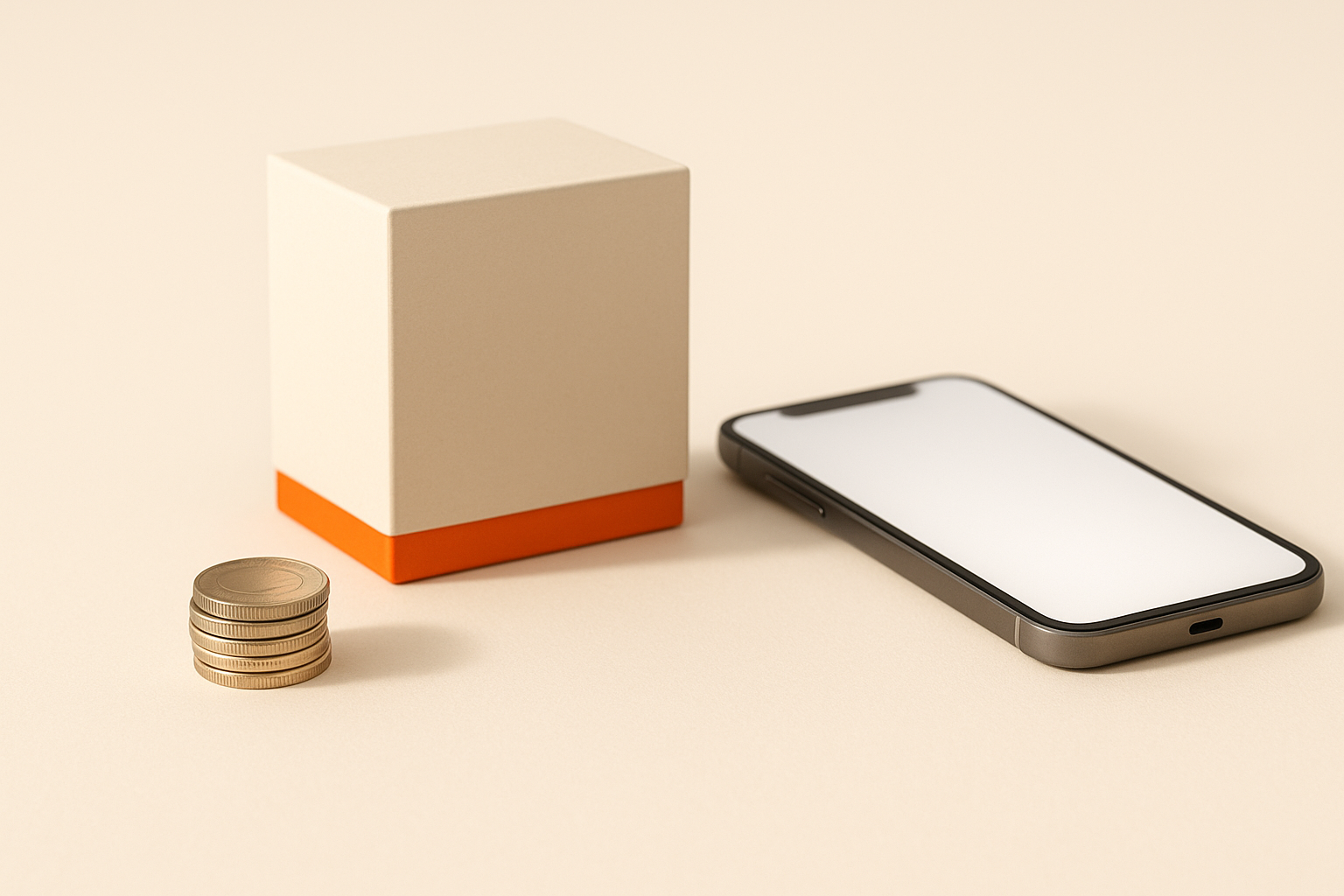 A small stack of coins beside a product box and a phone on a bright surface