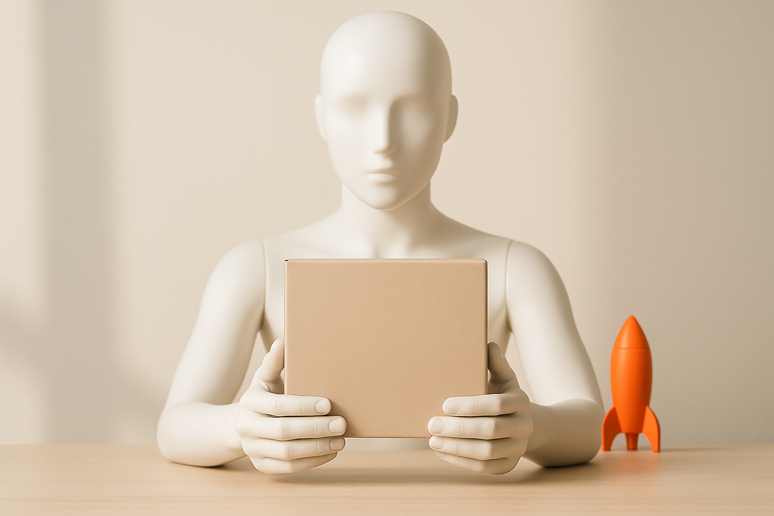 A faceless mannequin holding a product box in both hands on a bright set