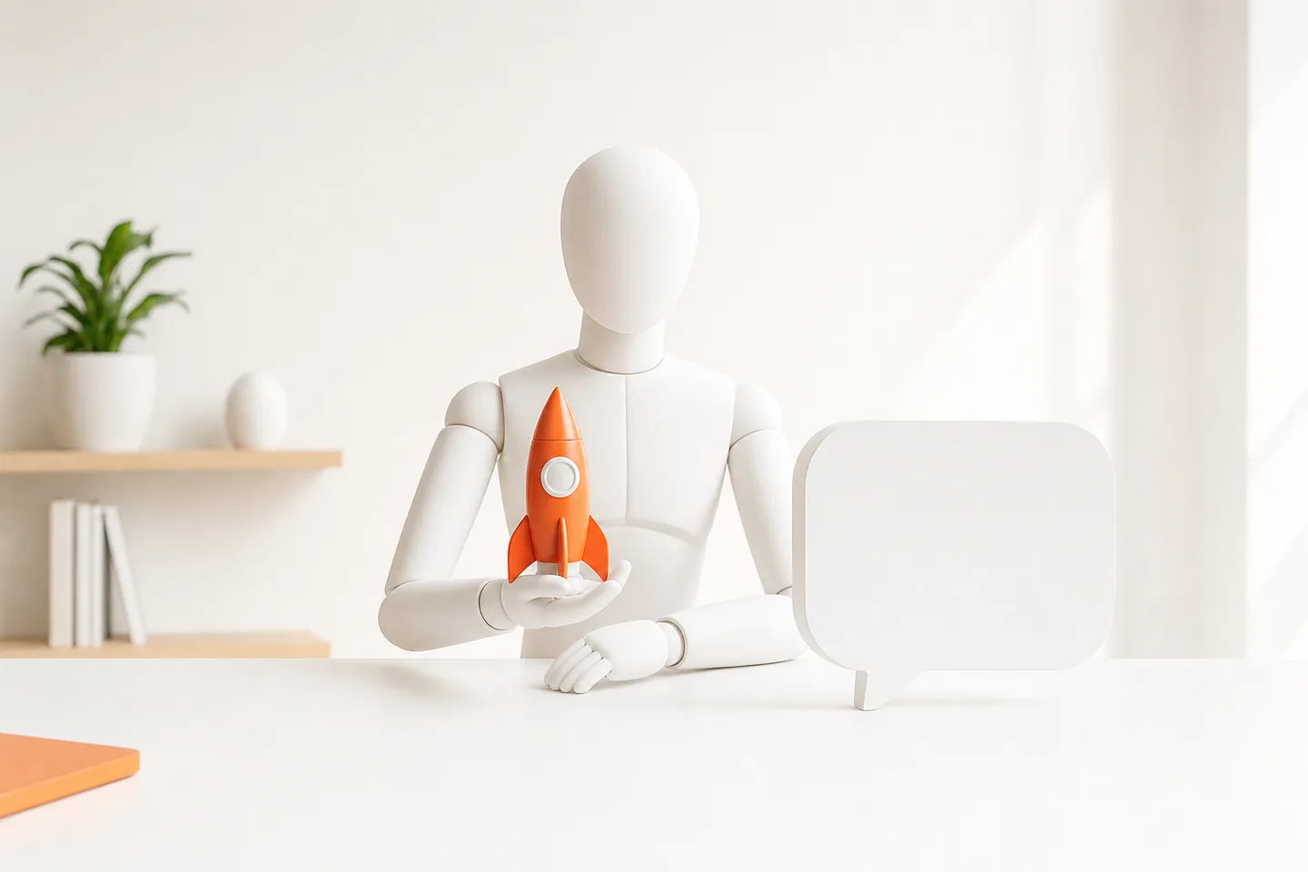 A faceless white mannequin at a white desk holding a small orange rocket model next to a speech bubble shape