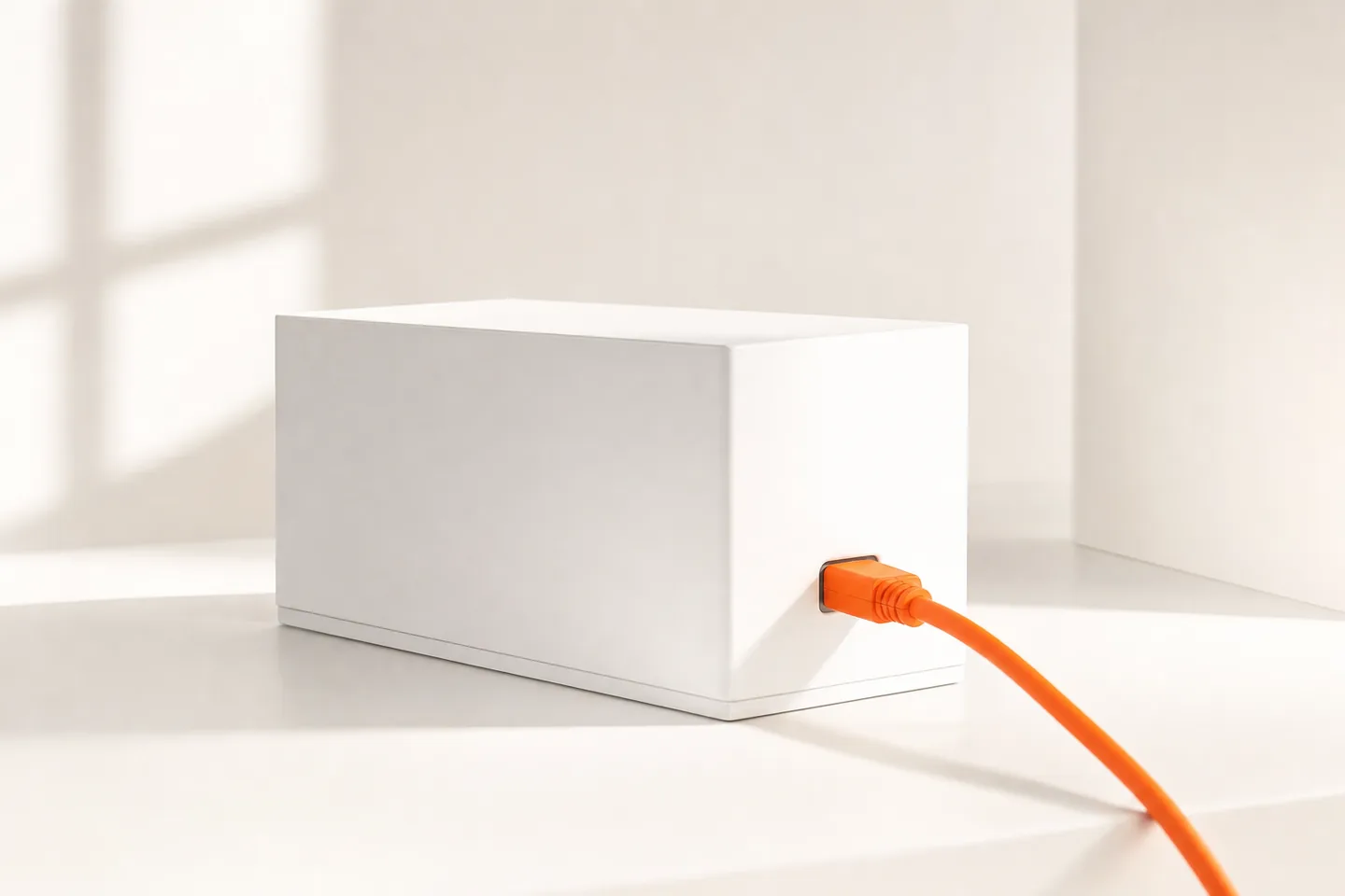 An orange cable plugged into a plain white box on a white table
