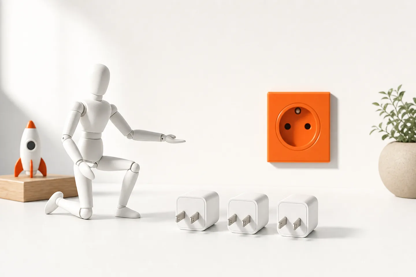 Three identical white plugs lined up in front of one orange socket