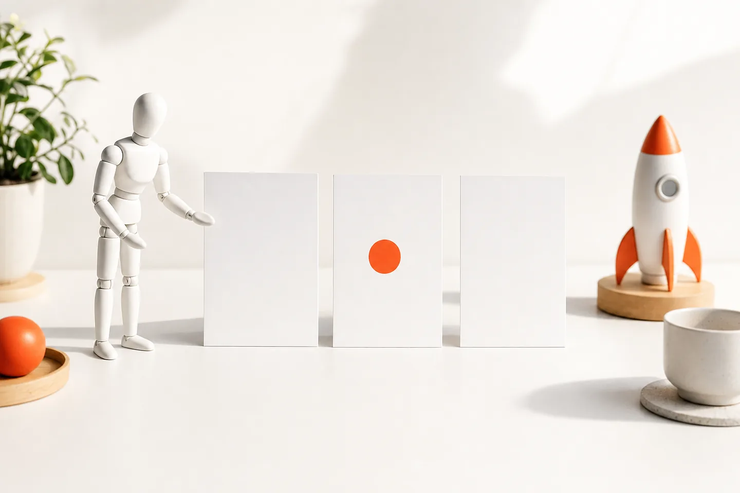 Three white cards on a white table, the middle one marked with a single orange dot