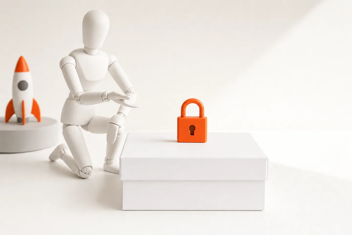 A small orange padlock resting on a closed white box