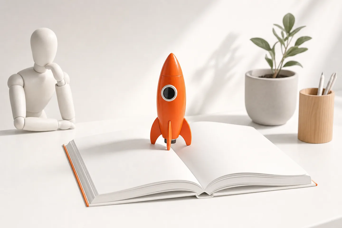 An orange rocket model standing on a white book that lies open on a white table